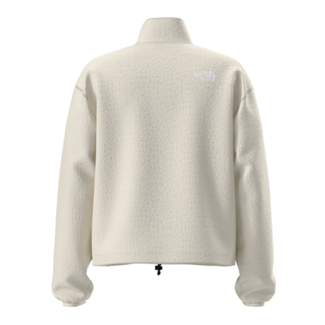Beige fleece jacket on a mannequin with a visible brand logo against a white background