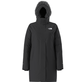Black winter coat with fur hood on a white background