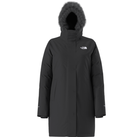 Black winter coat with fur hood on a white background