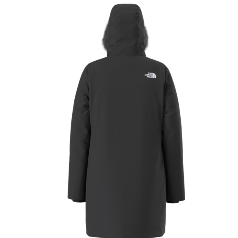 Black coat with a brand logo on the back on a white background