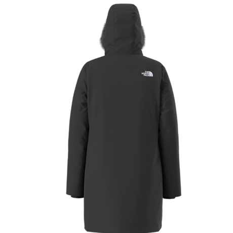 Black coat with a brand logo on the back on a white background