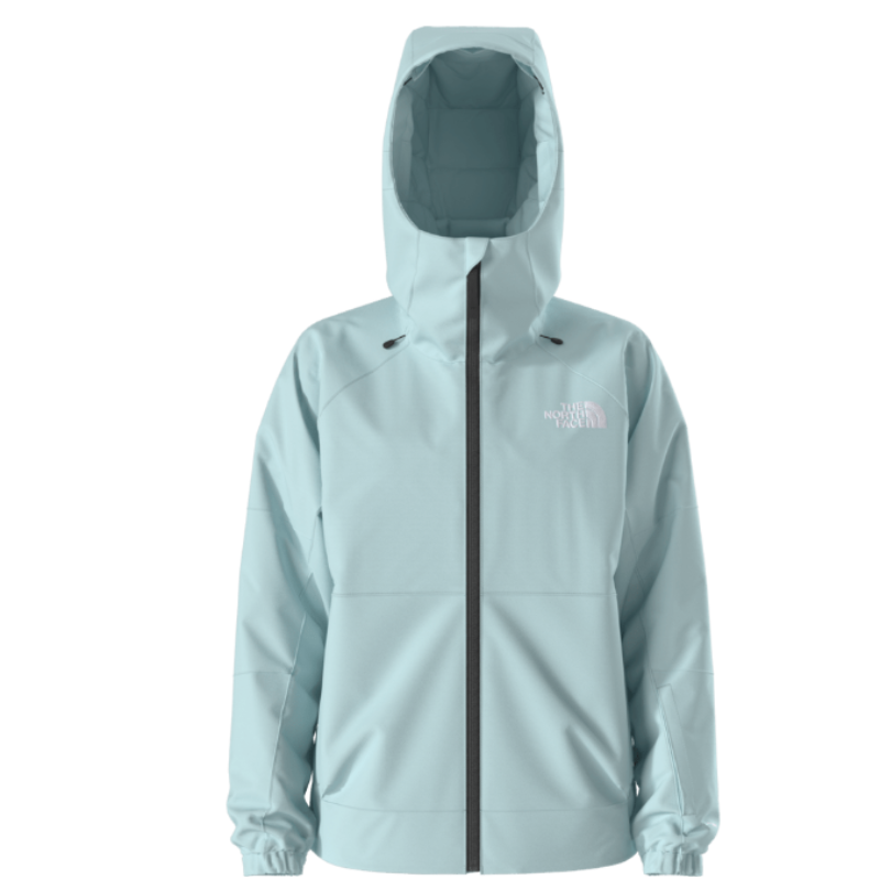 Light blue rain jacket with a brand logo on a white background