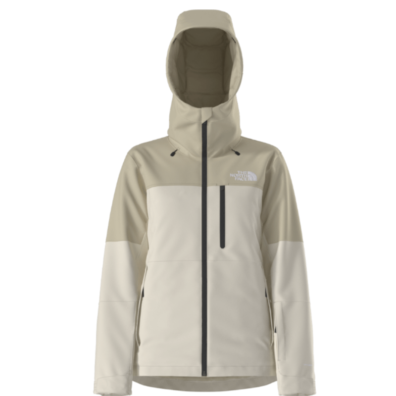 Beige and white jacket with a brand logo on a white background