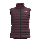 Purple puffer vest with The North Face logo on a white background
