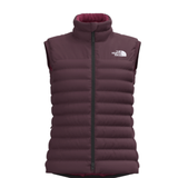 Purple puffer vest with The North Face logo on a white background
