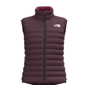Purple puffer vest with The North Face logo on a white background