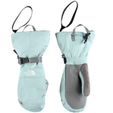 Pair of light blue mittens with gray accents on a white background