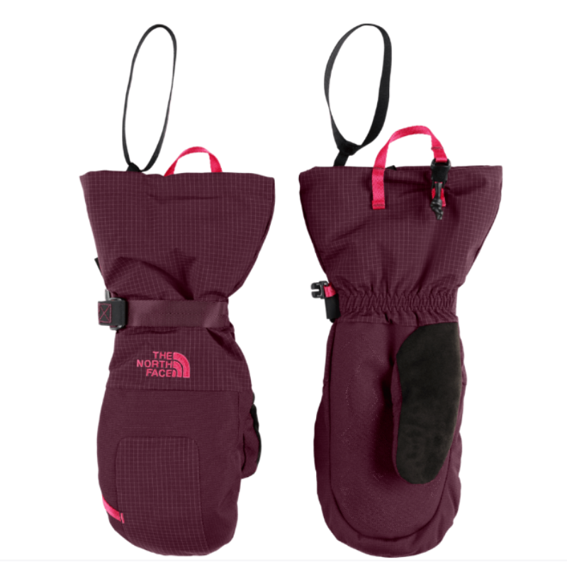 Pair of maroon mittens with black accents and The North Face logo on a white background