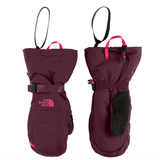 Pair of maroon mittens with black accents and The North Face logo on a white background