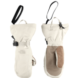 Pair of beige and brown mittens with a strap on a white background