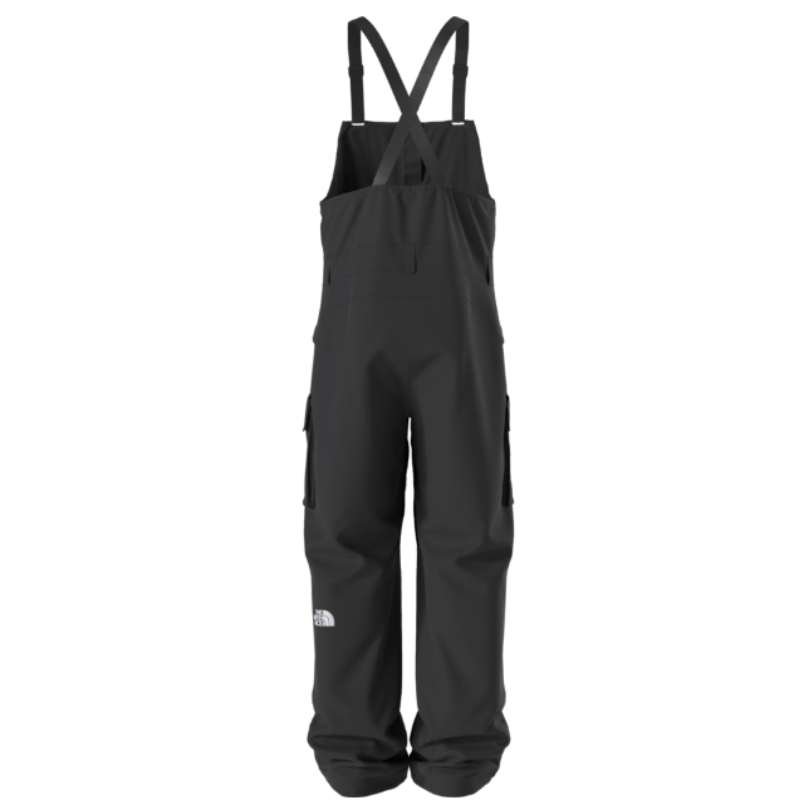 Black snow pants with suspenders on a white background