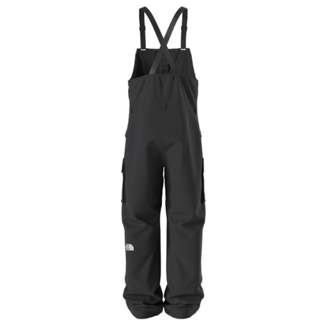 Black snow pants with suspenders on a white background
