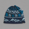 Knitted beanie with a blue and white pattern on a white background