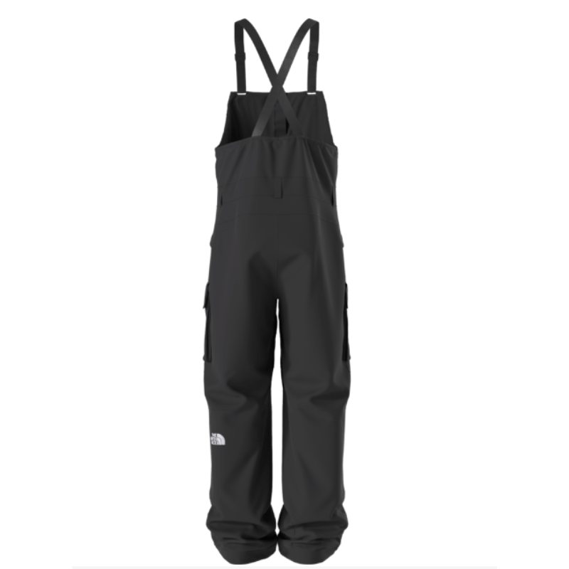 Black snow pants with suspenders on a white background