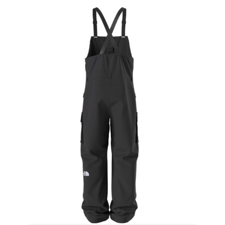Black snow pants with suspenders on a white background