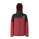 Red and black jacket with a hood on a white background