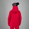 Person wearing a red snowsuit with a black beanie on a white background