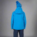 Blue winter jacket with hood on a white background