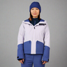 Person wearing a blue and gray ski jacket on a white background
