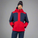 Person wearing a red and navy jacket on a white background