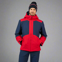 Person wearing a red and navy jacket on a white background