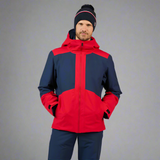 Person wearing a red and navy jacket on a white background