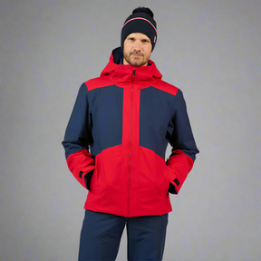 Person wearing a red and navy jacket on a white background