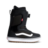 Black snowboard boot with white sole on a white background