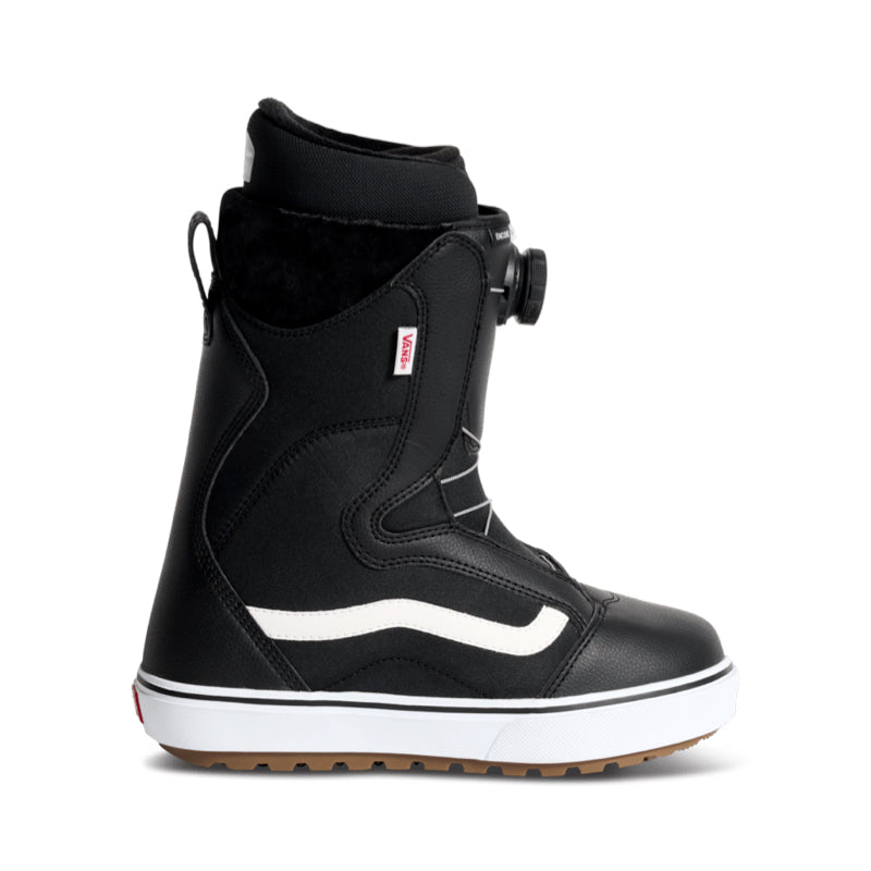 Black snowboard boot with white sole on a white background