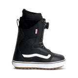 Black snowboard boot with white sole on a white background