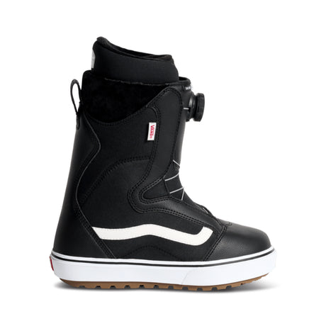 Black snowboard boot with white sole on a white background