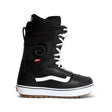 Black snow boot with white sole on a white background