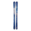 Pair of blue skis with a pattern on a white background