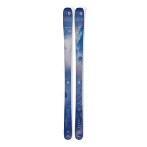 Pair of blue skis with a pattern on a white background