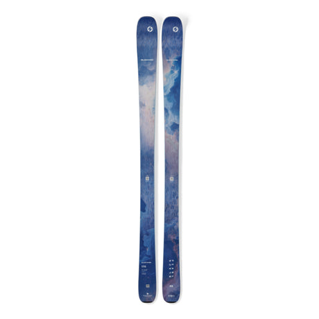 Pair of blue skis with a pattern on a white background