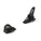 Pair of black ski bindings on a white background