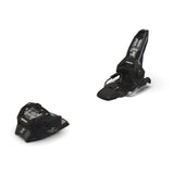 Pair of black ski bindings on a white background