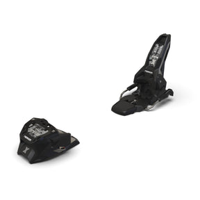 Pair of black ski bindings on a white background