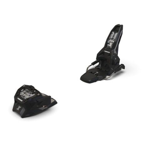 Pair of black ski bindings on a white background