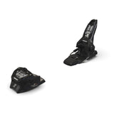 Pair of black ski bindings on a white background