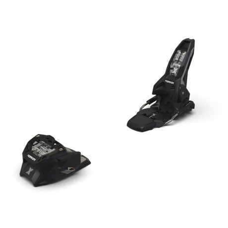 Pair of black ski bindings on a white background