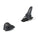 Pair of black ski bindings on a white background