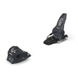 Pair of black ski bindings on a white background
