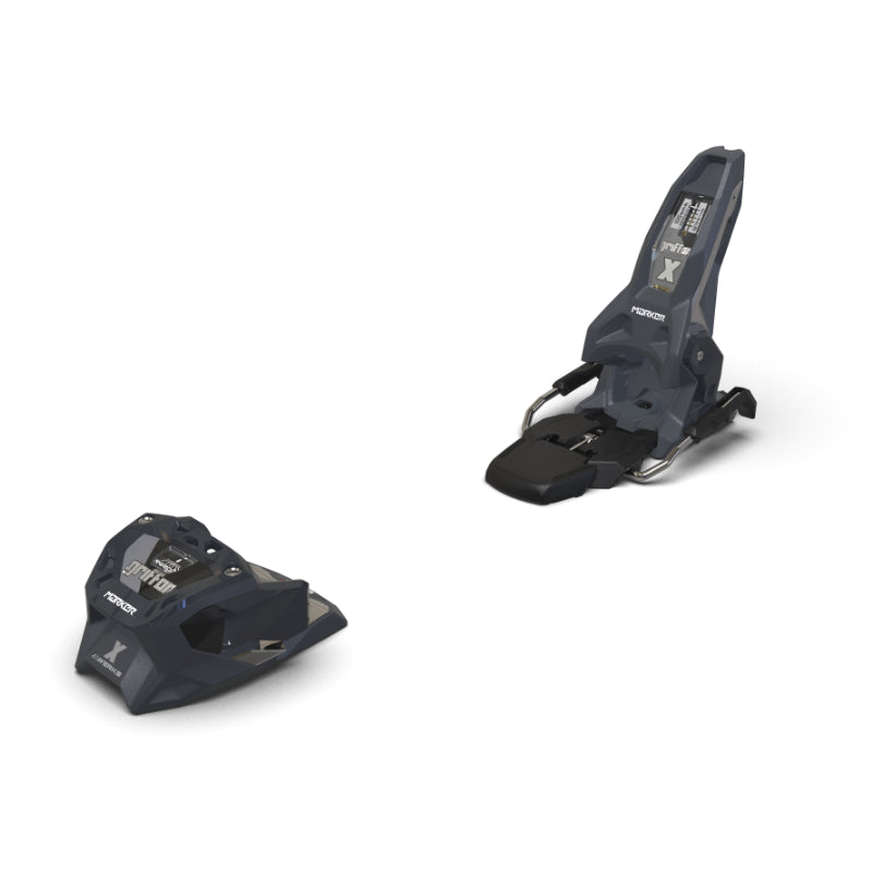 Pair of black ski bindings on a white background