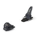 Pair of black ski bindings on a white background