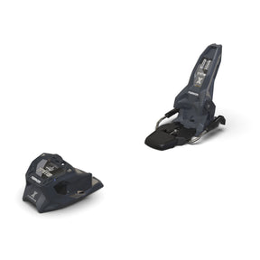 Pair of black ski bindings on a white background