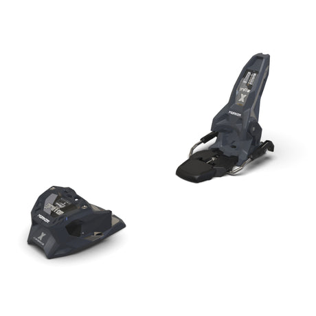 Pair of black ski bindings on a white background