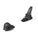 Pair of black ski bindings on a white background