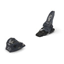 Pair of black ski bindings on a white background