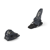 Pair of black ski bindings on a white background